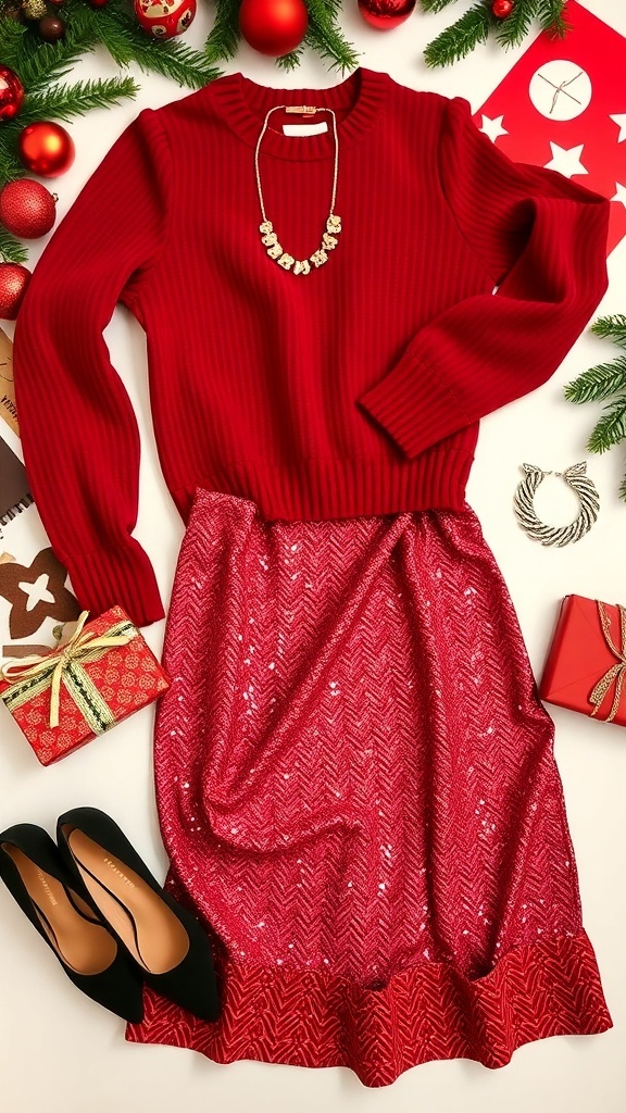 Festive Christmas Outfit Ideas Flat lay of Christmas outfit pieces including a red sweater, sparkly skirt, and festive accessories.